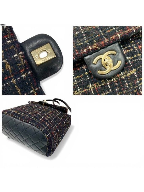 Chanel Backpack Tweed Lambskin Black Gold Quilted CC Logo Turnlock Chain main image 9